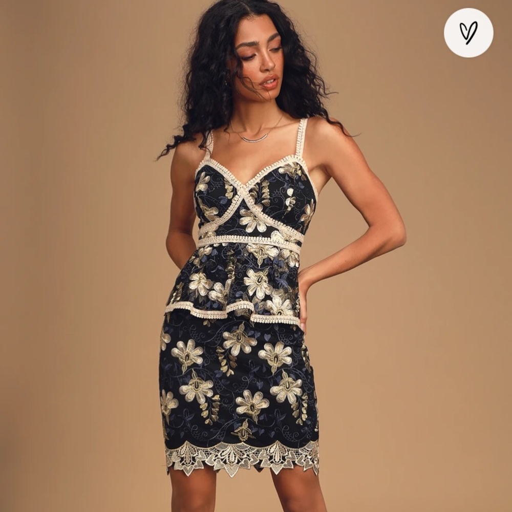 Lulu’s NWT - Karina Black and Blue Floral Embroidered Peplum Dress.